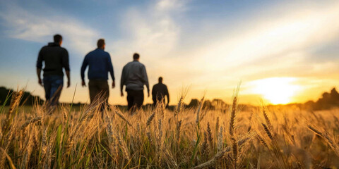 Four men walk through a golden field at sunset, capturing a moment of tranquility and connection with nature.