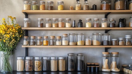 Modern kitchen interior with open shelving, showcasing an assortment of labeled spice jars and dried goods in glass containers.
