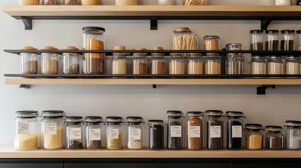 Modern kitchen interior with open shelving, showcasing an assortment of labeled spice jars and dried goods in glass containers. © savittree