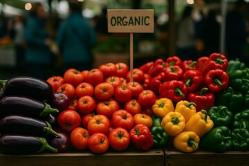 Fresh Organic Produce Display: A vibrant array of fresh, organic vegetables are artfully arranged at a farmers market, showcasing healthy eating choices and promoting sustainable food sourcing.