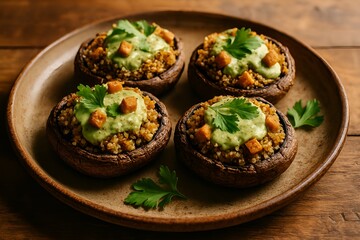 Stuffed Mushroom Delight: A mouthwatering plate of four stuffed mushrooms, filled with savory goodness, topped with a vibrant green sauce and fresh cilantro.