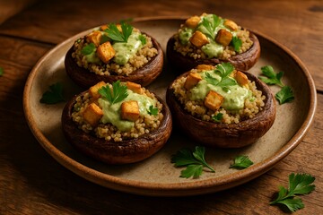 Delectable Mushroom Delight: Close-up shot of four portobello mushrooms expertly stuffed with quinoa, tofu, and cilantro cream on a rustic plate, ready to eat.