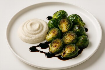 Gourmet Brussels Sprouts: A culinary composition featuring perfectly cooked Brussels sprouts with a creamy sauce and balsamic reduction, presented on a minimalist plate.