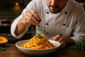 Chef's Touch: A Culinary Masterpiece: A skilled chef delicately garnishes a vibrant plate of spaghetti with fresh herbs, his focused expression highlighting the passion for cooking.
