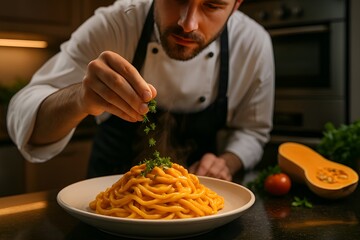 Chef's Culinary Creation: A culinary expert meticulously garnishes a plate of pasta, showcasing the art of gastronomy in a professional kitchen setting. Capturing the finesse of food preparation.