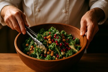 Chef's Salad Creation: A chef meticulously prepares a vibrant salad in a wooden bowl, showcasing fresh ingredients like kale, chickpeas, and pomegranate seeds.