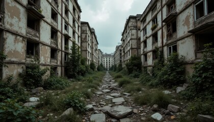 The photograph shows a dilapidated city building, with crumbling facades, broken windows