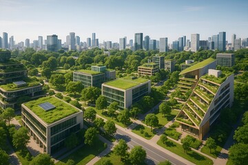 Green Oasis Cityscape: A visionary portrayal of a sustainable urban environment, where modern architecture blends seamlessly with lush green spaces and promotes ecological harmony.