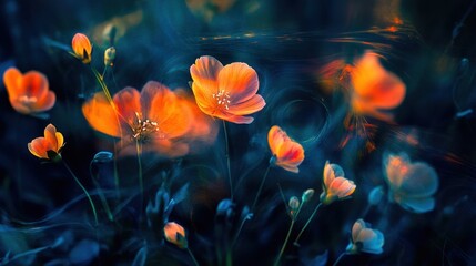 Night-blooming wildflowers glowing softly in twilight air, layered exposure enhances spiral flow, surreal bioluminescent ambiance