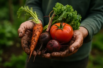 Harvest Bounty: a close-up shot of a farmer's hands holding freshly harvested vegetables, showcasing nature's vibrant colors and the fruits of labor. 