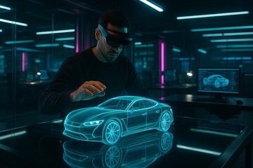 Visionary Car Design: A person wearing VR glasses, intensely focused on interacting with a holographic car model in a cutting-edge futuristic workshop, signifying innovation.