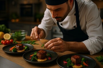 Culinary Artistry: A chef meticulously garnishes exquisitely plated dishes, embodying the essence of fine dining and culinary excellence. 