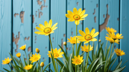 Yellow Flowers Against a Blue Wooden Fence: A Breath of Spring and Fresh Countryside Charm. advertisement, banner, card,copy text space. Generated by AI.