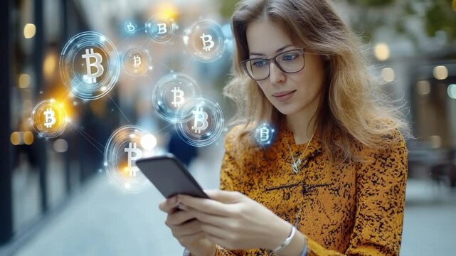 Cryptocurrency Vision: A woman engrossed in her phone, surrounded by holographic bitcoin symbols, illustrating the integration of digital finance in modern life, financial technology, investment.
