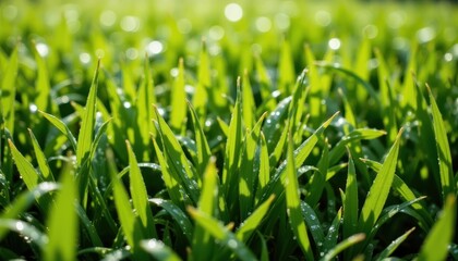 Obraz premium The vibrant green grass blades glisten in the sunlight as each delicate blade is adorned with sparkling water droplets