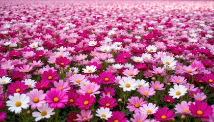 Fototapeta premium The photo depicts a vast field filled with vibrant cosmos flowers in various hues of pink, purple, and white