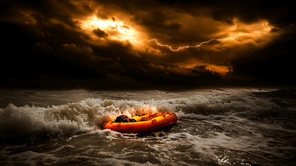 Fototapeta premium Person In Orange Boat Struggles Against Rough Water Under Stormy Dark Sky During Disaster