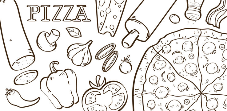 Ilustraci&oacute;n decorativa dibujada a mano de pizza, sus ingredientes tradicionales y elementos relacionados. Vector