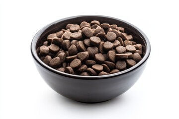 Fototapeta premium A close-up view of a dark brown bowl filled with pet food, set against a plain white background
