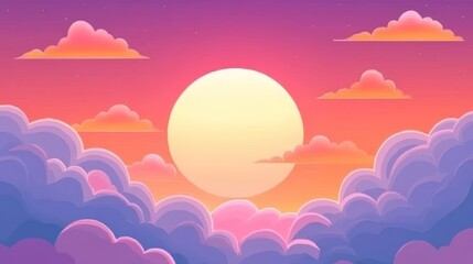 Dreamy Sunset with Pastel Clouds and Large Central Sun Illustration