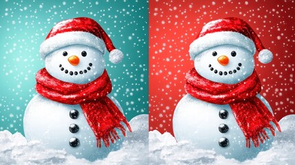 Obraz premium Festive Snowmen Pair with Snowy Accents on Contrasting Backgrounds