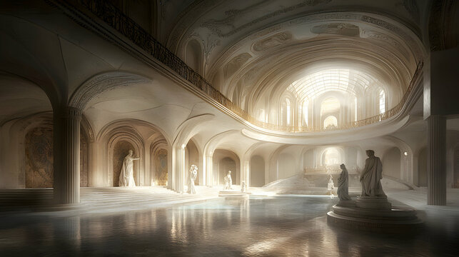 Grand Hall Interior with White Marble Statues and Sunlight Reflections