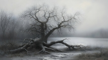 Grey Winter Landscape with Old Fallen Tree by Foggy Lake
