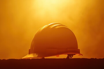 Obraz premium A solitary construction helmet silhouetted against a vibrant sunset, symbolizing safety and hard work