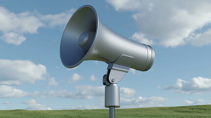 A large silver microphone is on a grassy field