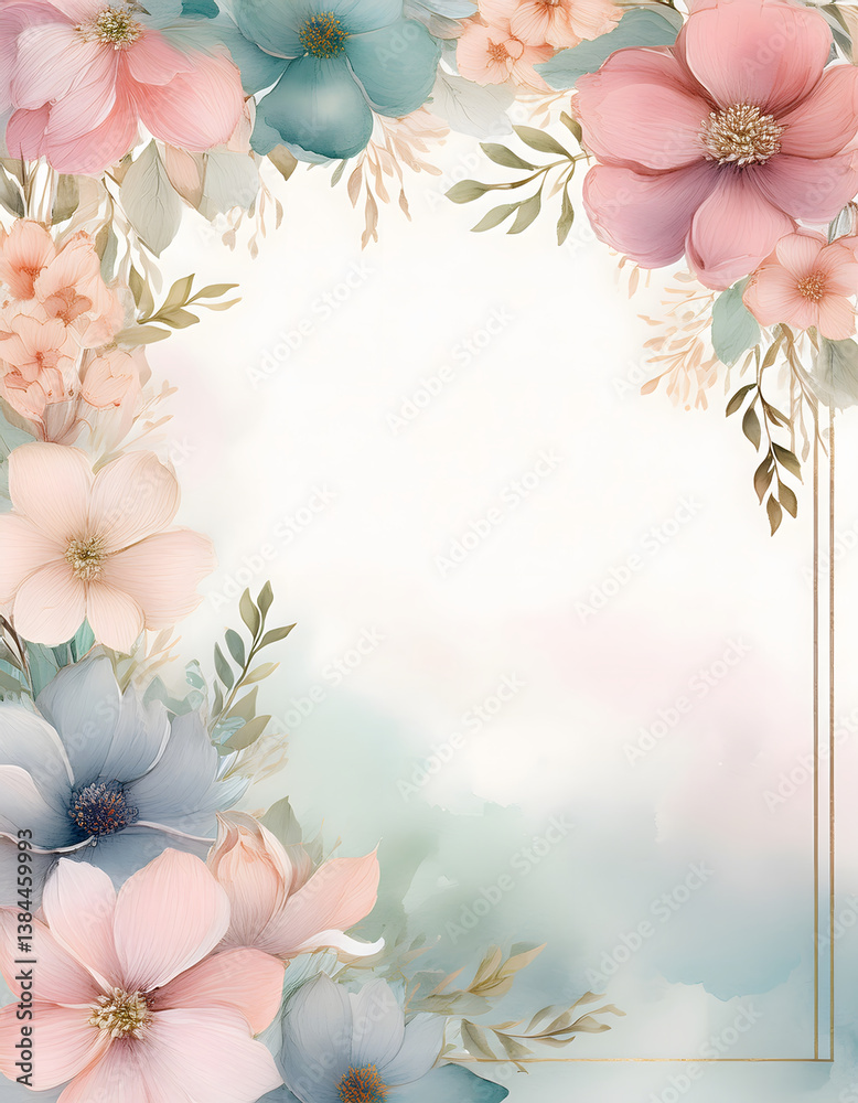 Poster floral border design featuring pastel-colored flowers and greenery, creating a soft and elegant fram