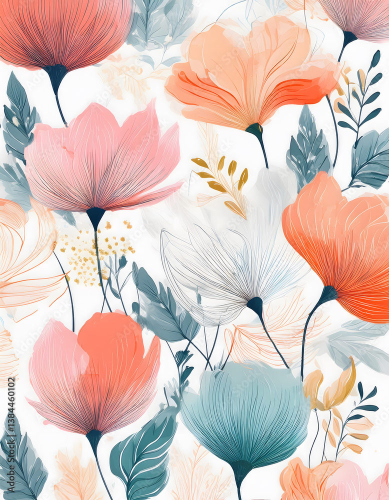 Poster vibrant floral pattern featuring various flowers in soft colors, blending artistic lines and botanic