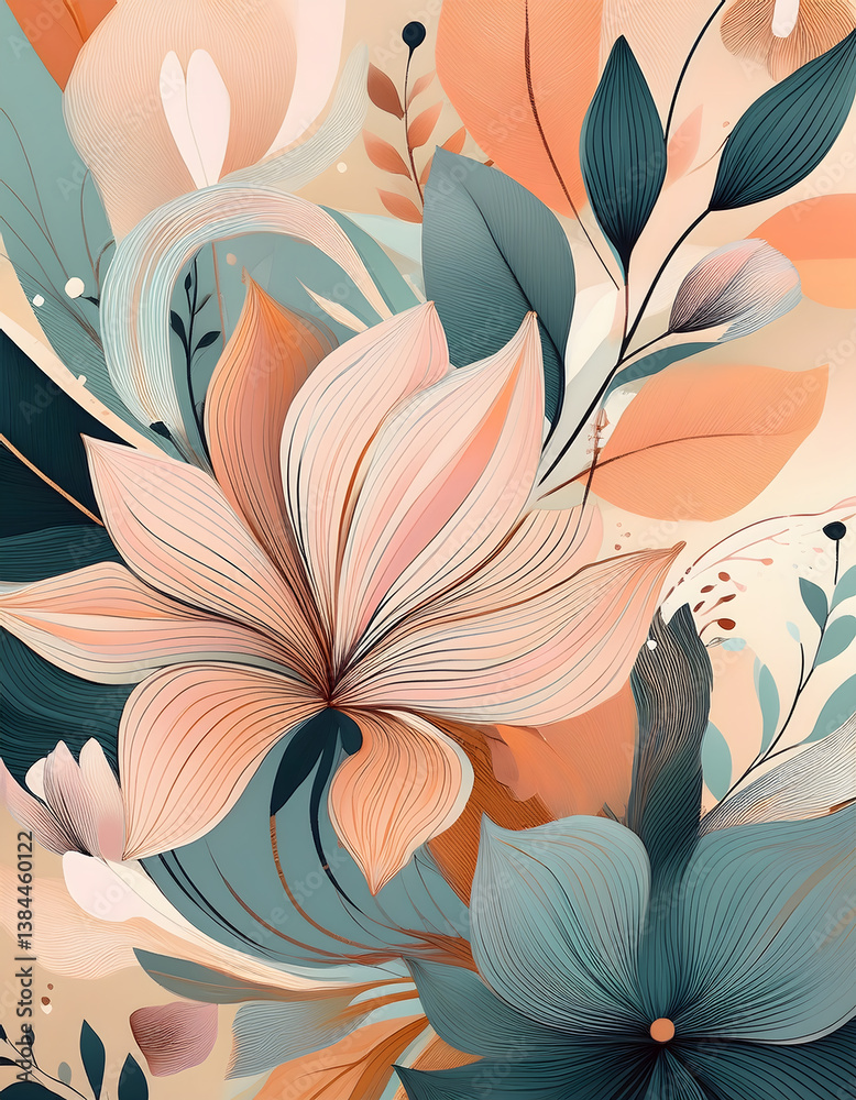 Poster a vibrant floral illustration featuring intricate line work and a blend of soft colors, creating a m