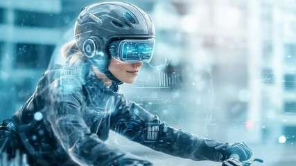 Riding into the Future: A person, immersed in augmented reality using a futuristic helmet with smart glasses, navigates the urban landscape, envisioning the intersection of technology and travel - Powered by Adobe