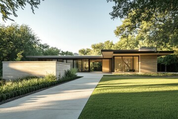 Modern minimalist house nestled in lush greenery, showcasing expansive windows and sleek design.