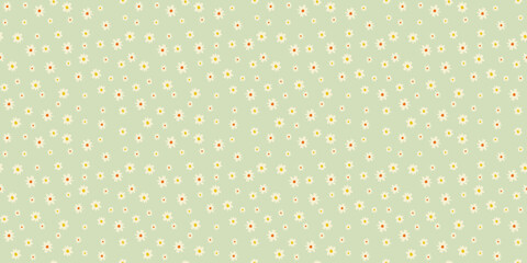 Daisy Pattern Dense Small Flowers, Cute Seamless Daisy Pattern on Pastel Green Background