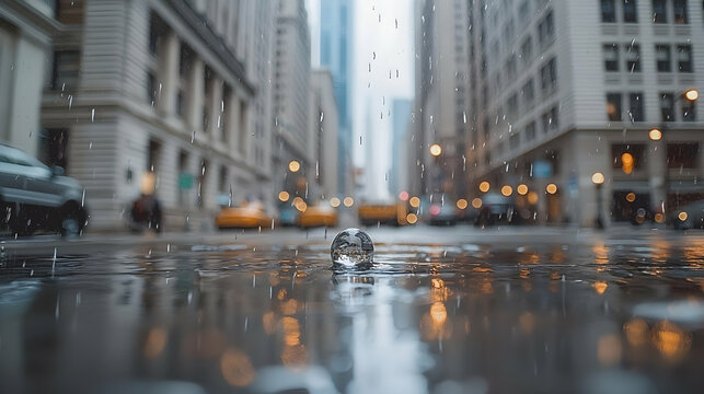 Fototapeta Rainy City Street Scene with Water Drops and Reflections