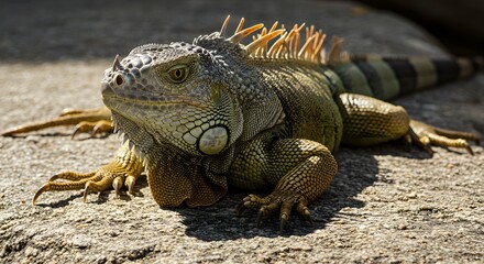 Naklejka premium Iguana portrait basking in sunlight. The spiky reptile blends with the rock, showcasing textured skin and vibrant scales. Nature's beauty.
