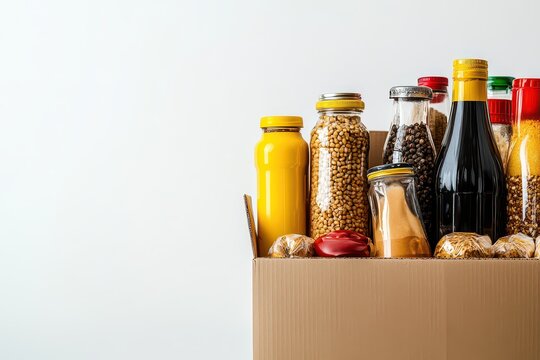 Assorted jars and bottles of condiments and grains in a cardboard box on a white background