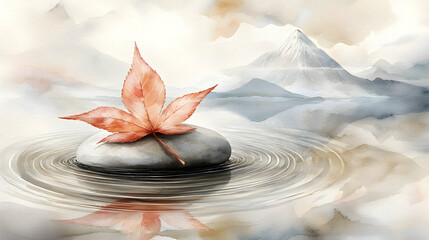 Red Leaf on Gray Stone in Calm Water with Misty Mountains