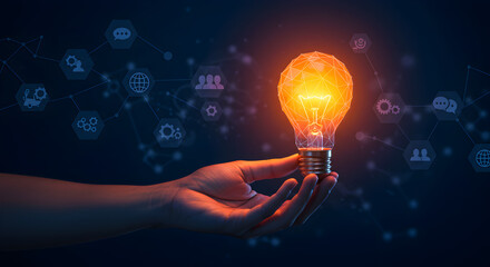 Hand Holding Bright Light Bulb with Glowing Network Connecting to Digital Icons on Dark Background