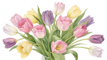 Obraz premium A vibrant bouquet of various colored tulips arranged elegantly against a dark background.