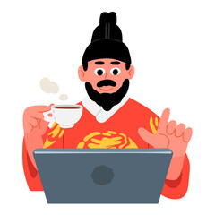 King Sejong the Great character holding coffee and looking at a laptop