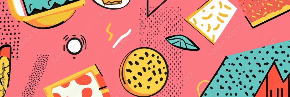 Aufkleber Colorful Memphis-style pop-art background with floating abstract food shapes and bold geometric elements creating a vibrant design