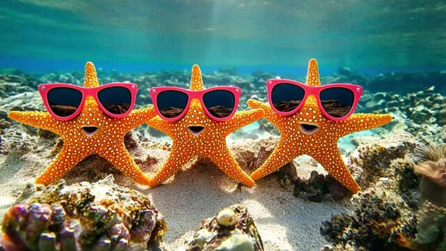 Three funny starfish wearing sunglasses are standing on the seabed having fun during summer holidays