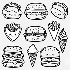 A black and white line art coloring page of cute kawaii food characters with smiling fast food items. There is a hot dog with a smiley face, a strawberry with a smiley face