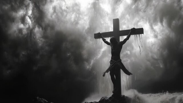 Dramatic depiction of Jesus on the cross, surrounded by darkness, symbolizing His sacrifice, suffering, and the solemn moment of crucifixion central to Christian faith