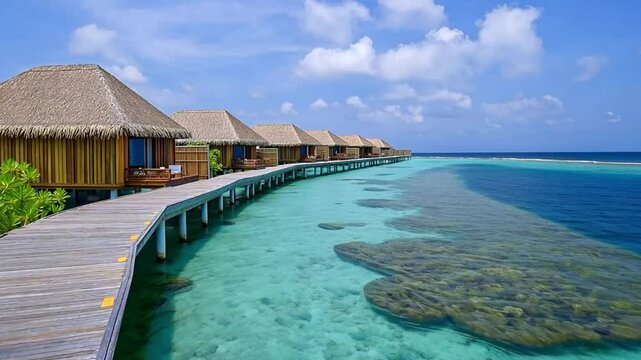 Wooden walkway leading to a row of overwater bungalows with thatched roofs, offering breathtaking ocean views and a luxurious vacation experience