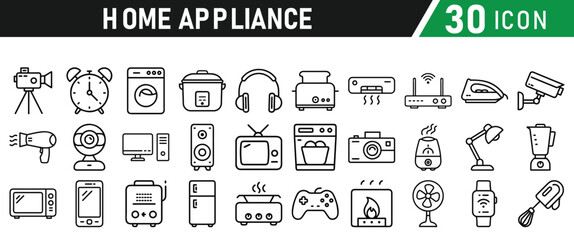 Home Appliances collections icons set. Contains Home appliances, refrigerator, washing machine,  television, air conditioner and household. Vector illustration collection