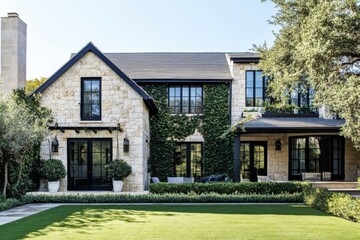 Obraz premium An elegant stone house gracefully nestled amidst vibrant, lush greenery, bathed in the warm, golden light of the afternoon sun