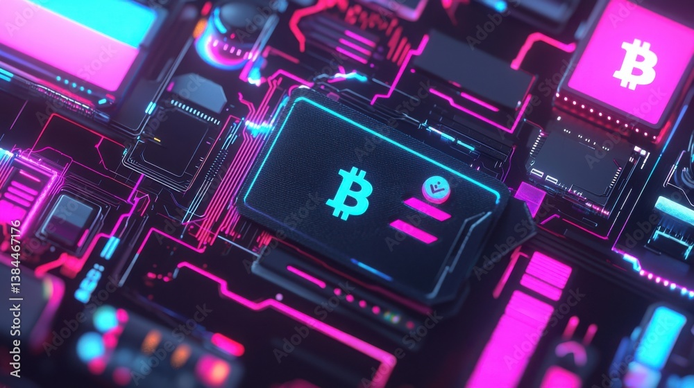 Aufkleber close-up of a bitcoin embedded in a computer chip highlighting the intersection of cryptocurrency an